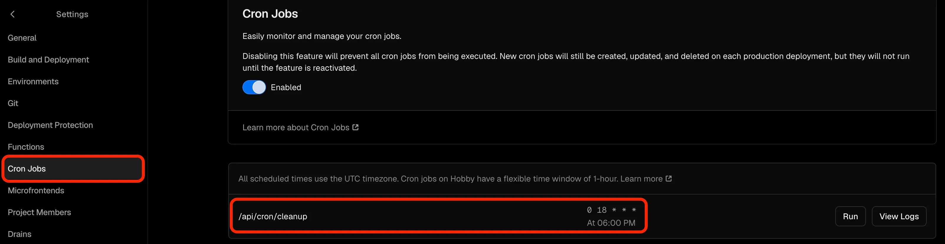 Vercel 대시보드 Cron Jobs 탭. /api/cron/cleanup이 '0 18 * * *' (At 06:00 PM UTC) 스케줄로 등록되어 있고 Enabled 상태
